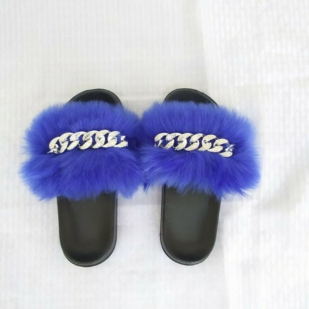 Royal Blue Faux Fur Slides/Slippers/With Chain